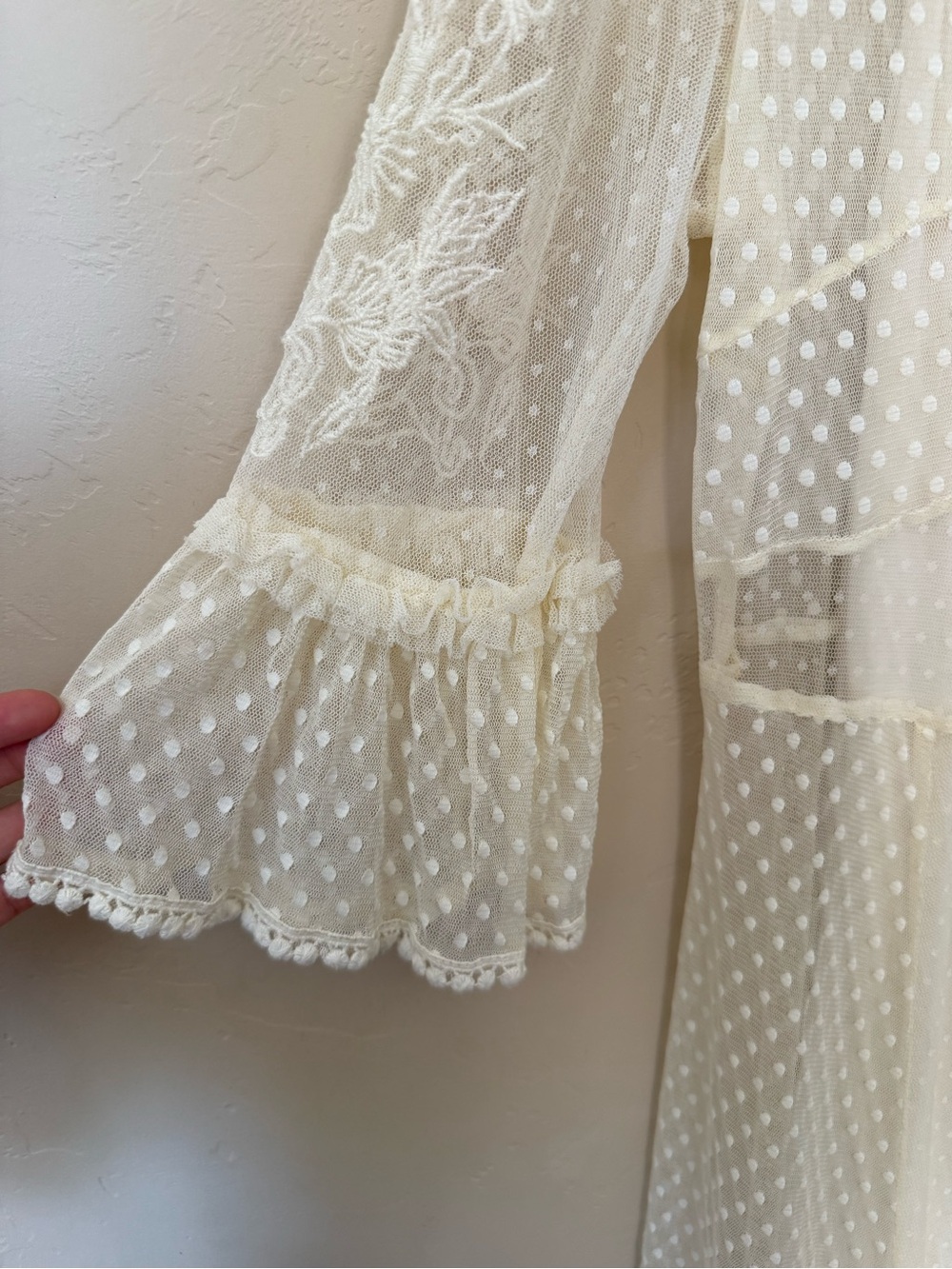 Ivory Swiss Dot Lace Midi Dress Sundance Large Embroidered Ruffles Boho Romantic - Picture 7 of 9
